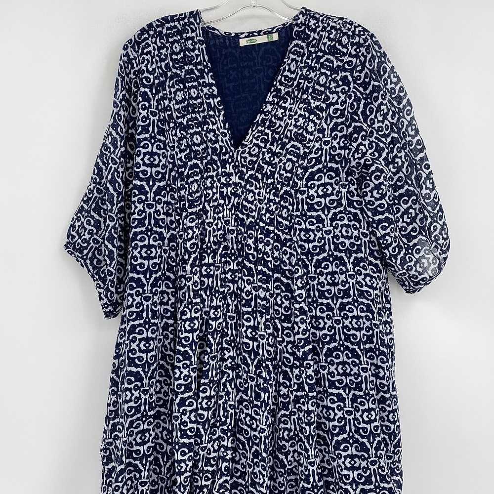 Dolma Pintuck Cotton Dress | Blue/White Midi, Size L, Women